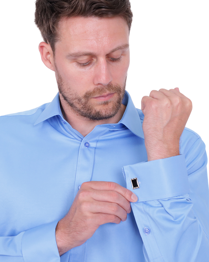 Blue Plain Double Cuff Shirt-Makrom