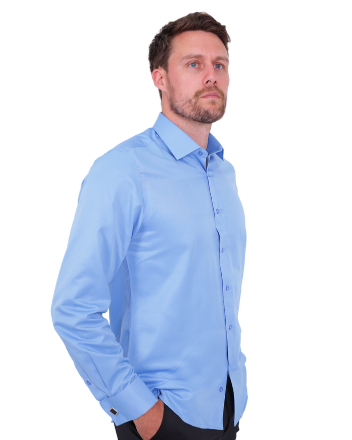 Blue Plain Double Cuff Shirt-Makrom