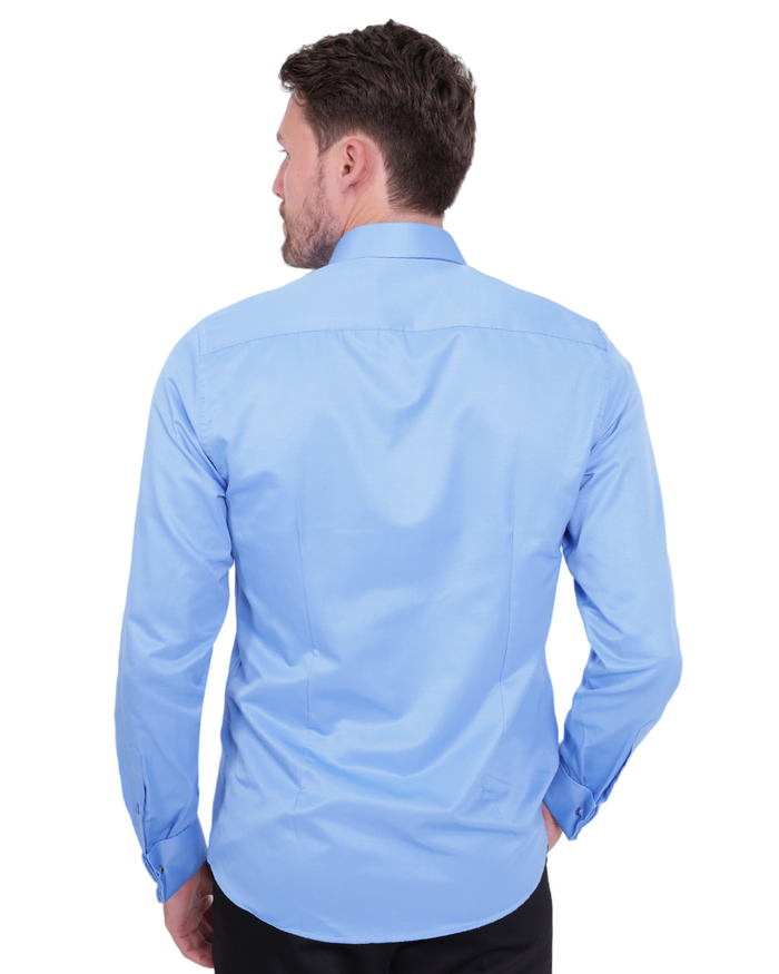 Blue Plain Double Cuff Shirt-Makrom