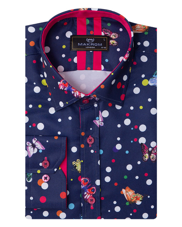 Blue Polka Dot Butterfly Print Shirt-Makrom