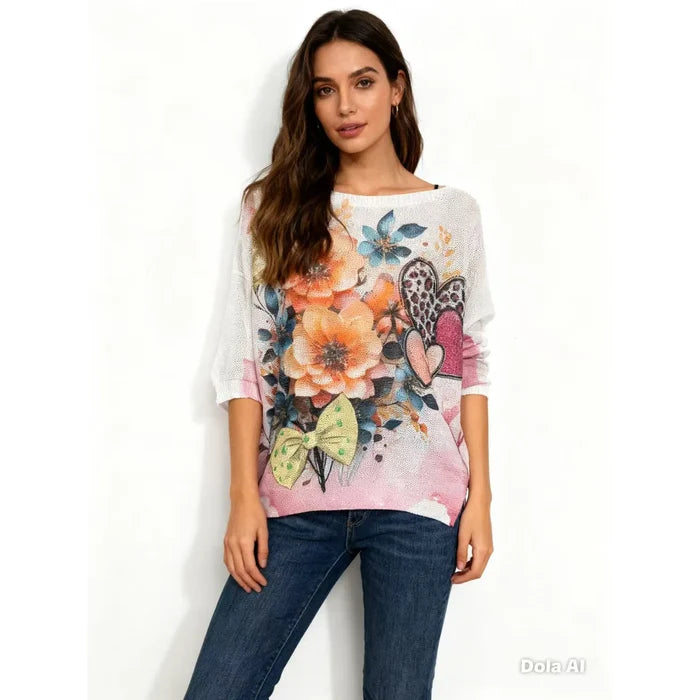 Blush graphic top with an allover floral and heart print, soft gradient base, drop shoulders, and three-quarter sleeves.