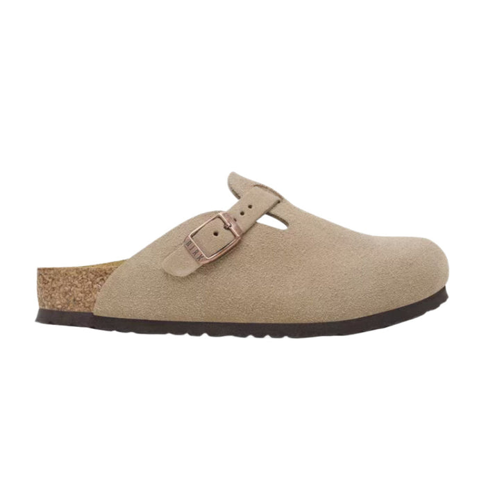 A kid's Birkenstock clog in beige classic suede with an adjustable buckle strap.