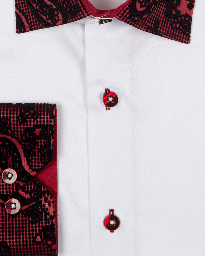 Burgundy Paisley Embroidery Design Collar & Cuff Shirt-Makrom