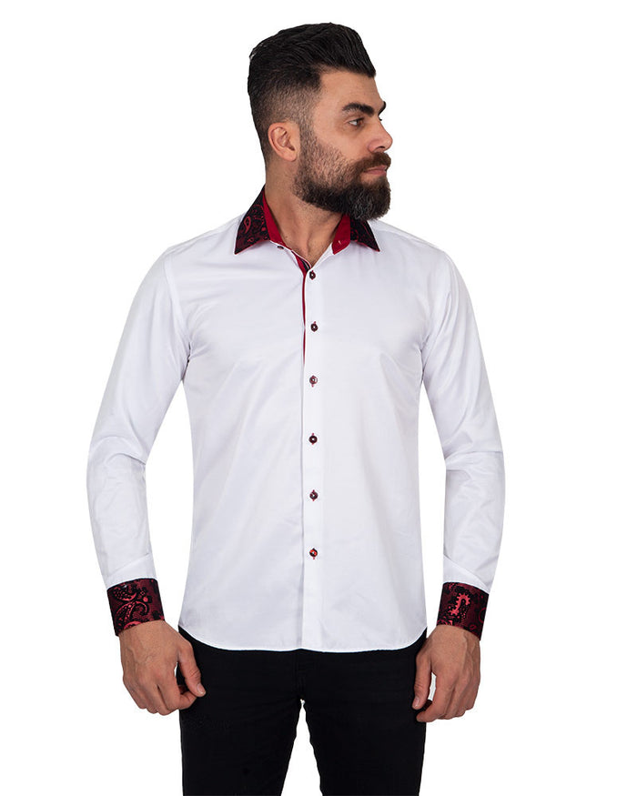 Burgundy Paisley Embroidery Design Collar & Cuff Shirt-Makrom