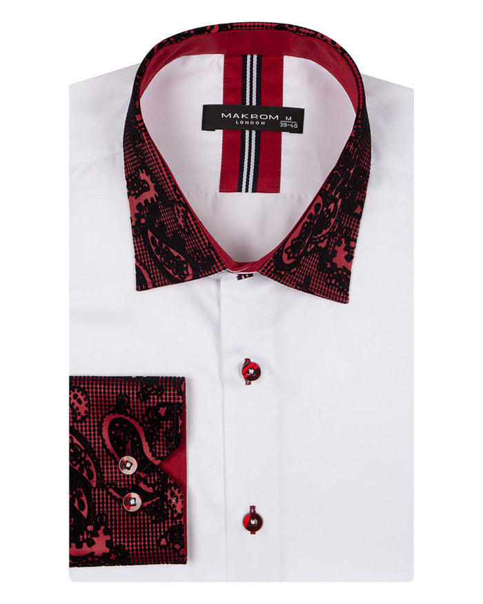 Burgundy Paisley Embroidery Design Collar & Cuff Shirt-Makrom
