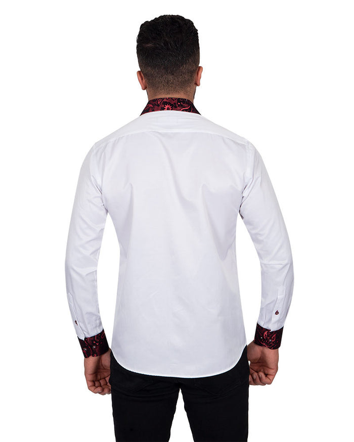 Burgundy Paisley Embroidery Design Collar & Cuff Shirt-Makrom