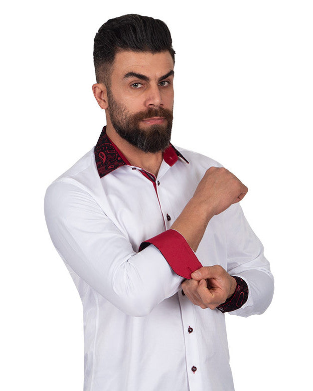 Burgundy Paisley Embroidery Design Collar & Cuff Shirt-Makrom