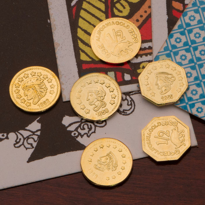set of replica California Gold Rush Tokens with 6 tiny gold plated coins called ingots
