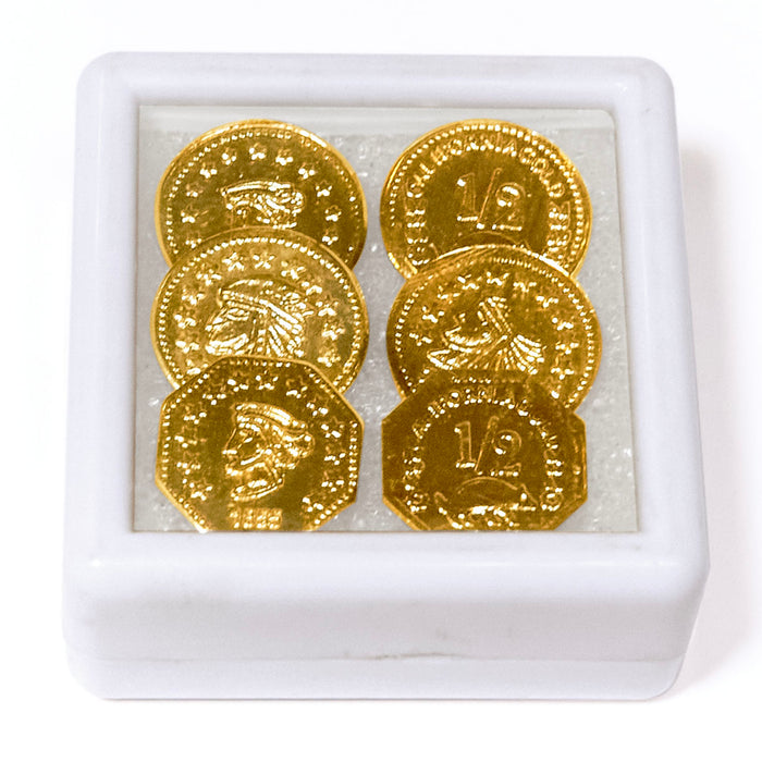 set of replica California Gold Rush Tokens with 6 tiny gold plated coins called ingots