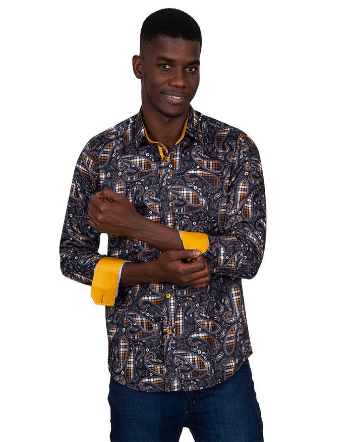 Camel Tartan Paisley Pure Cotton Shirts For Men-Makrom
