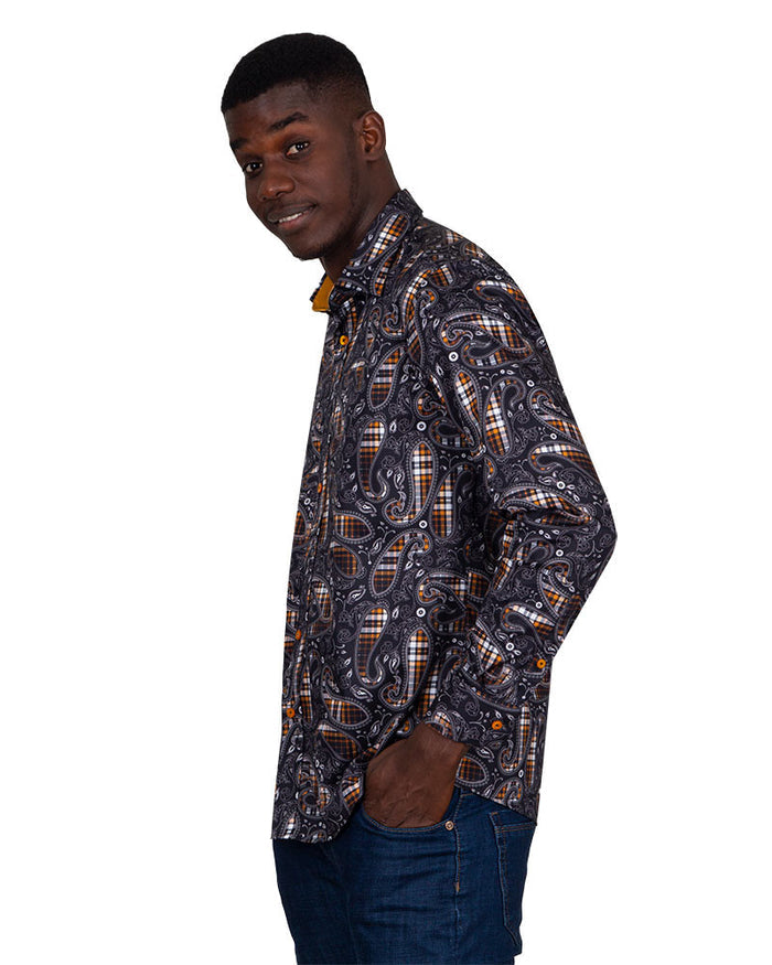 Camel Tartan Paisley Pure Cotton Shirts For Men-Makrom