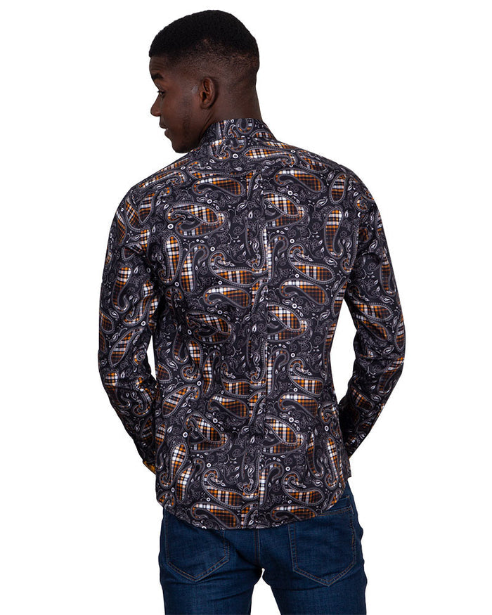 Camel Tartan Paisley Pure Cotton Shirts For Men-Makrom