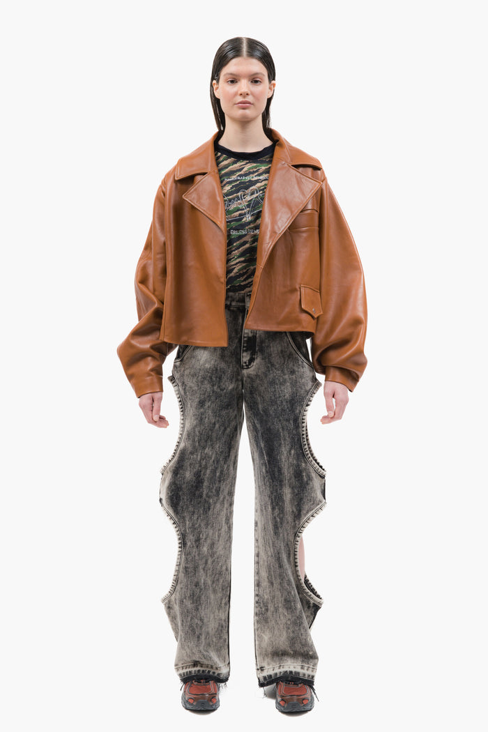 MANCANDY Caramel Wide Leather Jacket in premium grain leather featuring an oversized silhouette, curved sleeves and structured lapels.