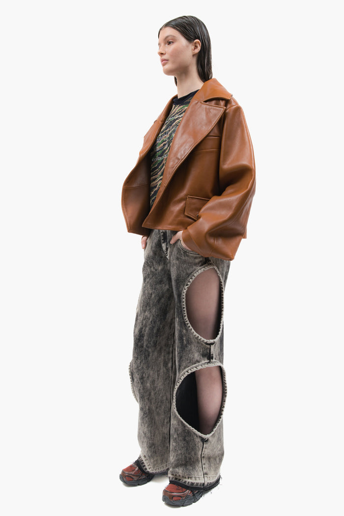 MANCANDY Caramel Wide Leather Jacket in premium grain leather featuring an oversized silhouette, curved sleeves and structured lapels.