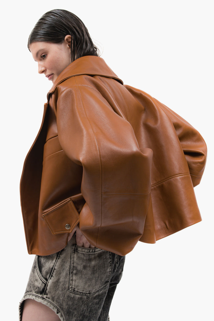 MANCANDY Caramel Wide Leather Jacket in premium grain leather featuring an oversized silhouette, curved sleeves and structured lapels.