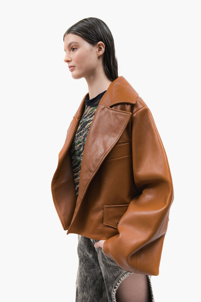 MANCANDY Caramel Wide Leather Jacket in premium grain leather featuring an oversized silhouette, curved sleeves and structured lapels.