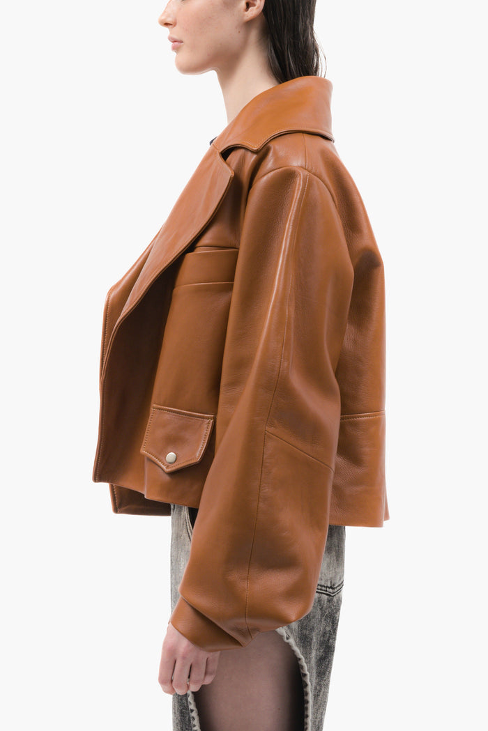 MANCANDY Caramel Wide Leather Jacket in premium grain leather featuring an oversized silhouette, curved sleeves and structured lapels.