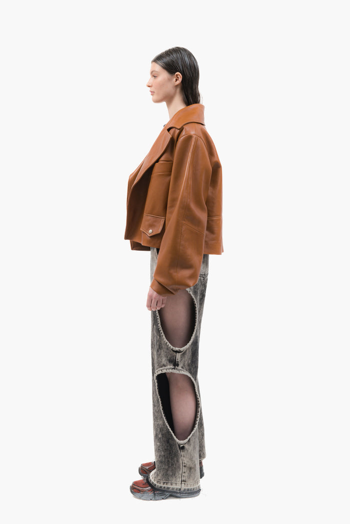 MANCANDY Caramel Wide Leather Jacket in premium grain leather featuring an oversized silhouette, curved sleeves and structured lapels.
