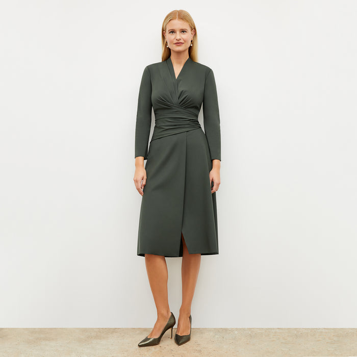 Image of a woman wearing the Carly Dress in Dark Aloe | Lead