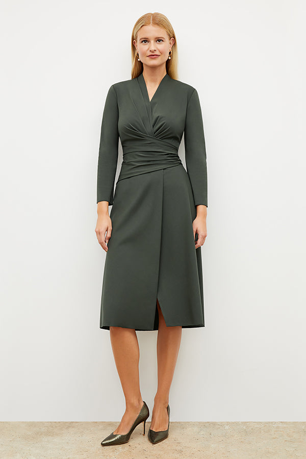 Image of a woman wearing the Carly Dress in Dark Aloe | Grid | Exclude