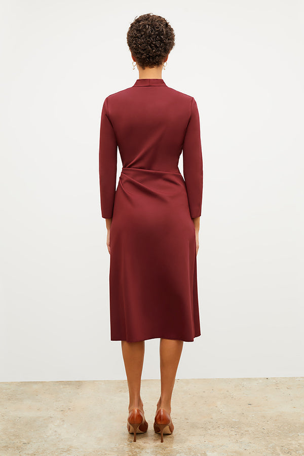 Back image of a woman wearing the carly dress in maroon | Exclude