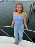 Model wearing Caroline tank in pale blue