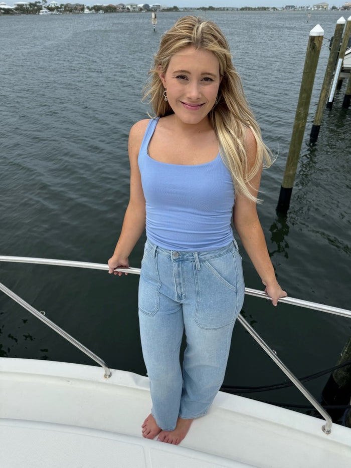 Model wearing Caroline tank in pale blue