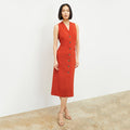 Front image of a woman wearing the Cassandra Dress in Blood Orange | Lead