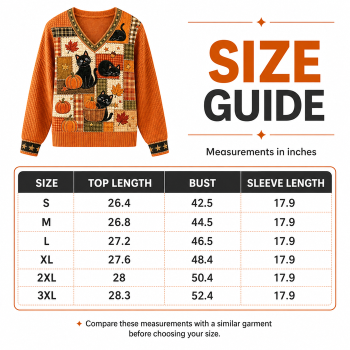 Size chart for orange cat and pumpkin V-neck sweater in S to 3XL, showing top length, bust and sleeve measurements in inches.