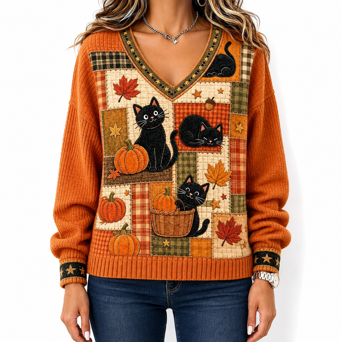 Front torso view of the orange cat and pumpkin V-neck sweater, showing patchwork artwork, sleeves, neat cuffs and ribbed hem.