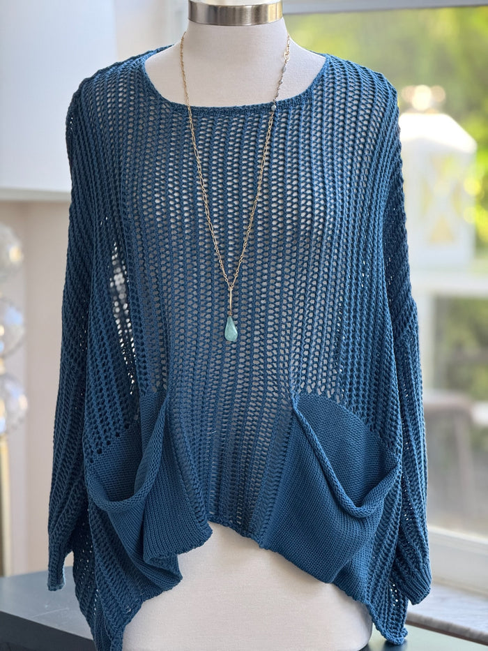 Cecilia crochet sweater in teal shown on mannequin front view