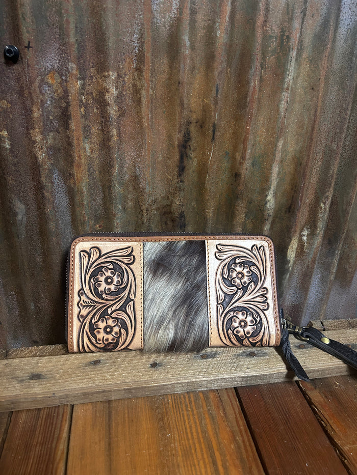 Challenger Hair on Hide Tooled Wallet/Wristlet