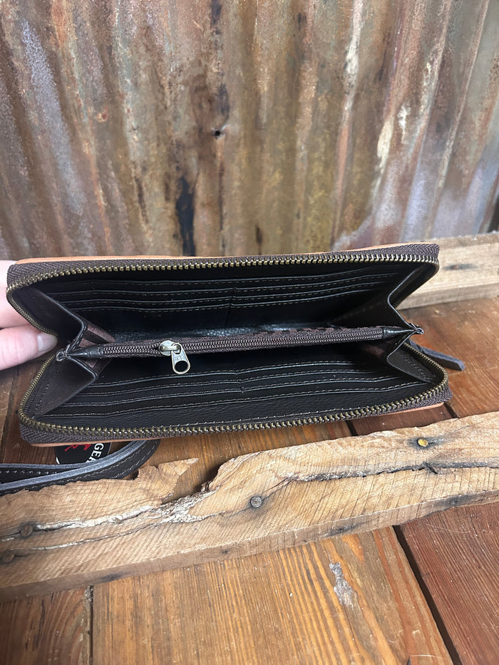 Challenger Hair on Hide Tooled Wallet/Wristlet