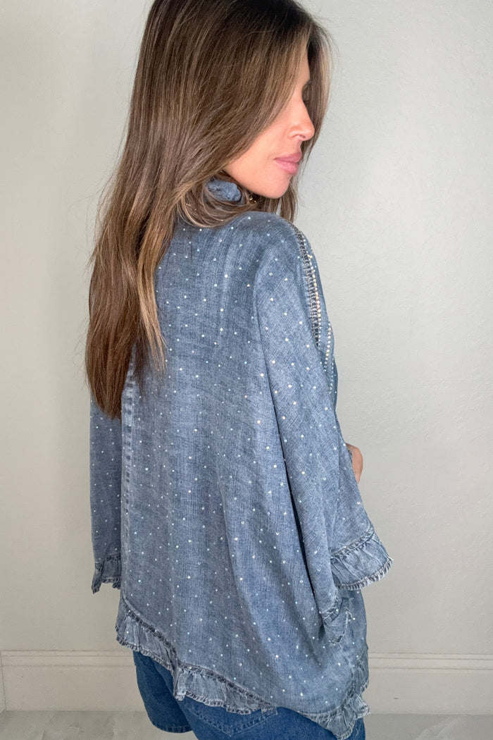 Style the Chambray Crystal Embellished Deim Jacket exclusively at Born To Glam