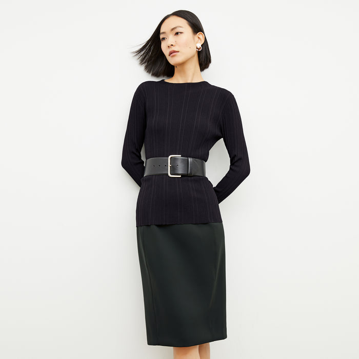Image of a woman wearing the Chantal Skirt - Light Scuba in Forest