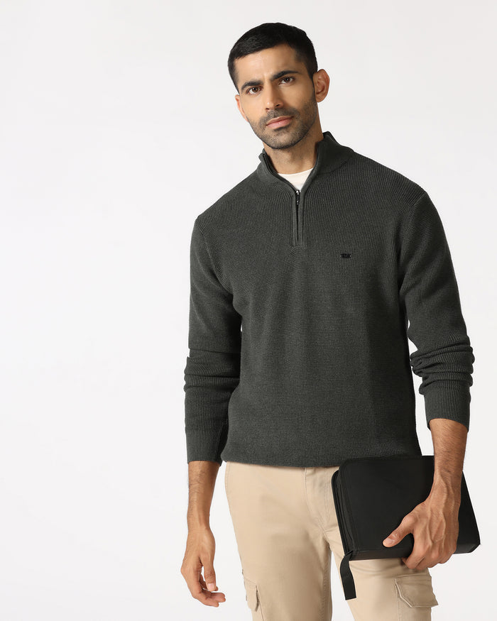 Charcoal High Neck Jacquard Sweatshirt - Price