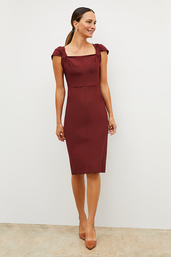Front image of a woman wearing the Charlene Dress in Maroon | Grid | Exclude