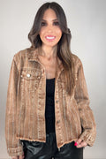 Style the Chocolate Brown Crystal Stripe Denim Jacket exclusively at Born To Glam