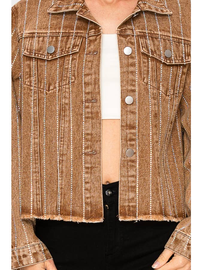 Style the Chocolate Brown Crystal Stripe Denim Jacket exclusively at Born To Glam