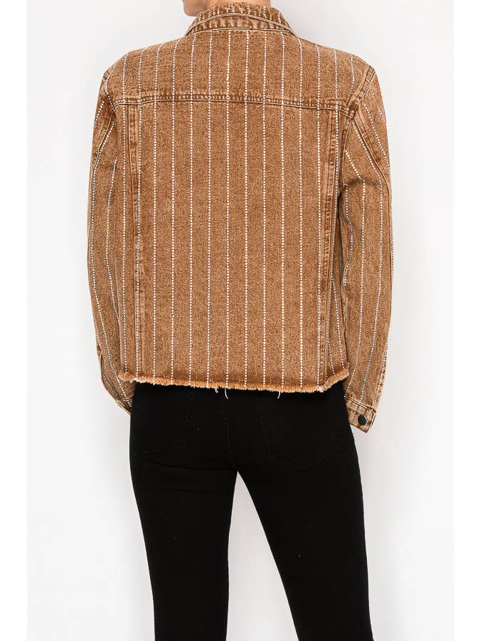 Style the Chocolate Brown Crystal Stripe Denim Jacket exclusively at Born To Glam