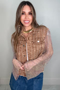 Style the Chocolate Brown Denim Crystal Mesh Sleeve Jacket exclusively at Born To Glam