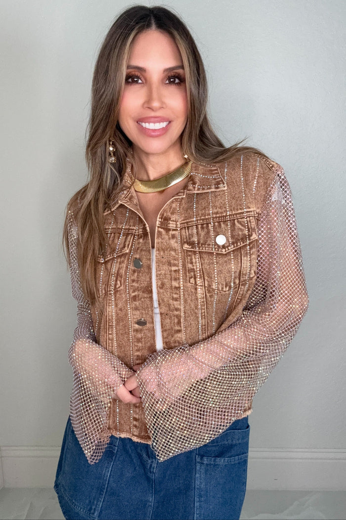 Style the Chocolate Brown Denim Crystal Mesh Sleeve Jacket exclusively at Born To Glam