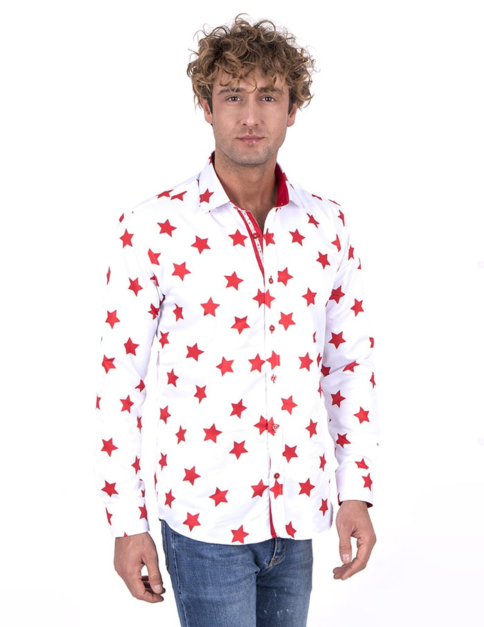 Christmas White Star Print Men's Shirt-Makrom