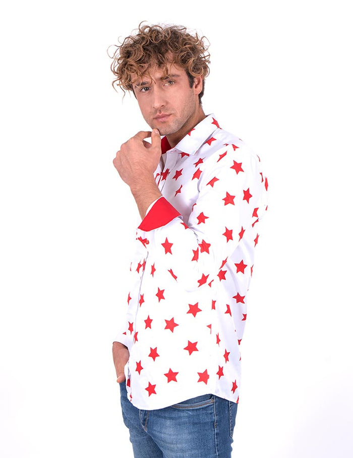 Christmas White Star Print Men's Shirt-Makrom