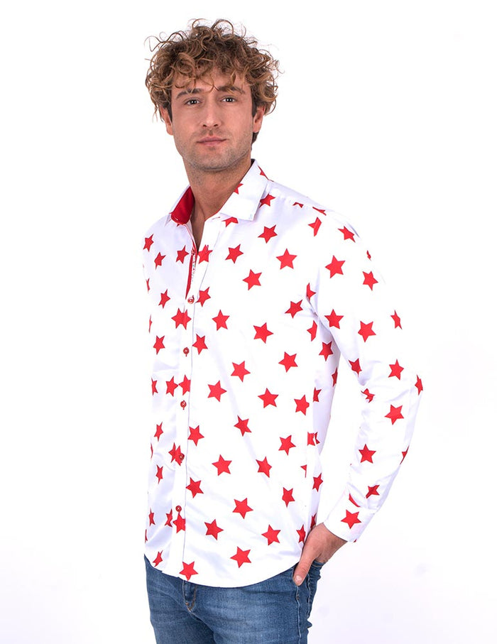 Christmas White Star Print Men's Shirt-Makrom