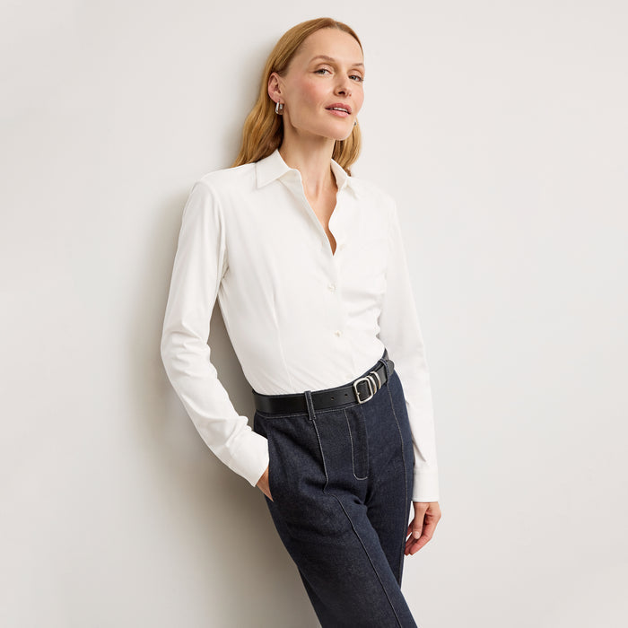 Front image of a woman wearing the Clemens top | Lead