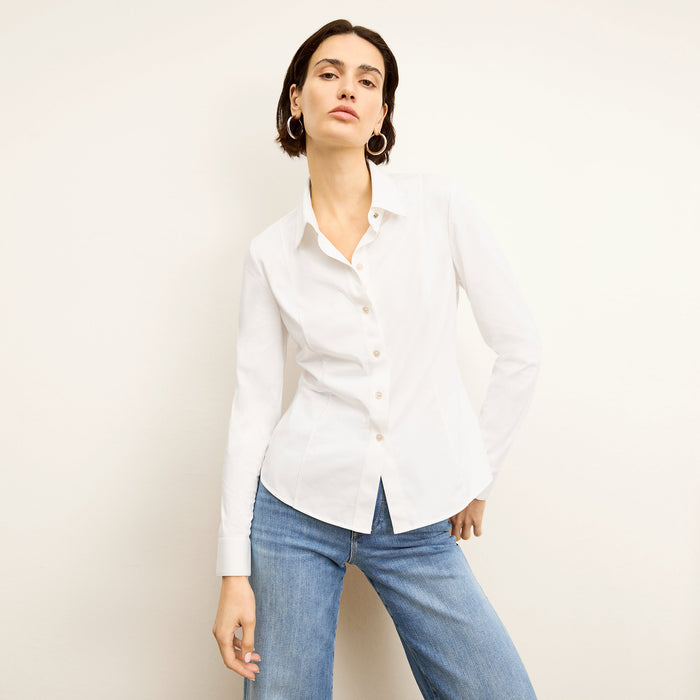 Front image of a woman wearing the Clemens top
