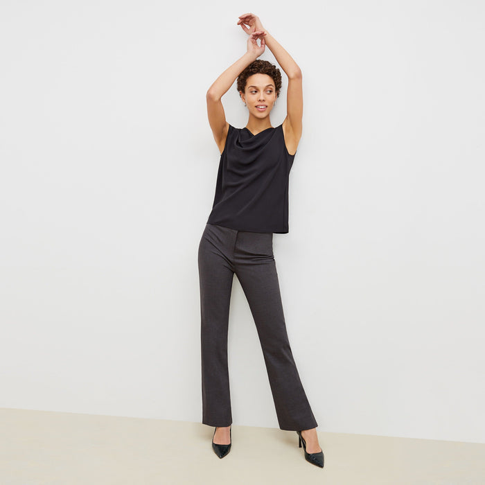 Front image of a woman standing wearing the clooney pant in charcoal melange | Lead