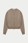COLLARLESS KNITTED ZIP THROUGH BOMBER - BEIGE
