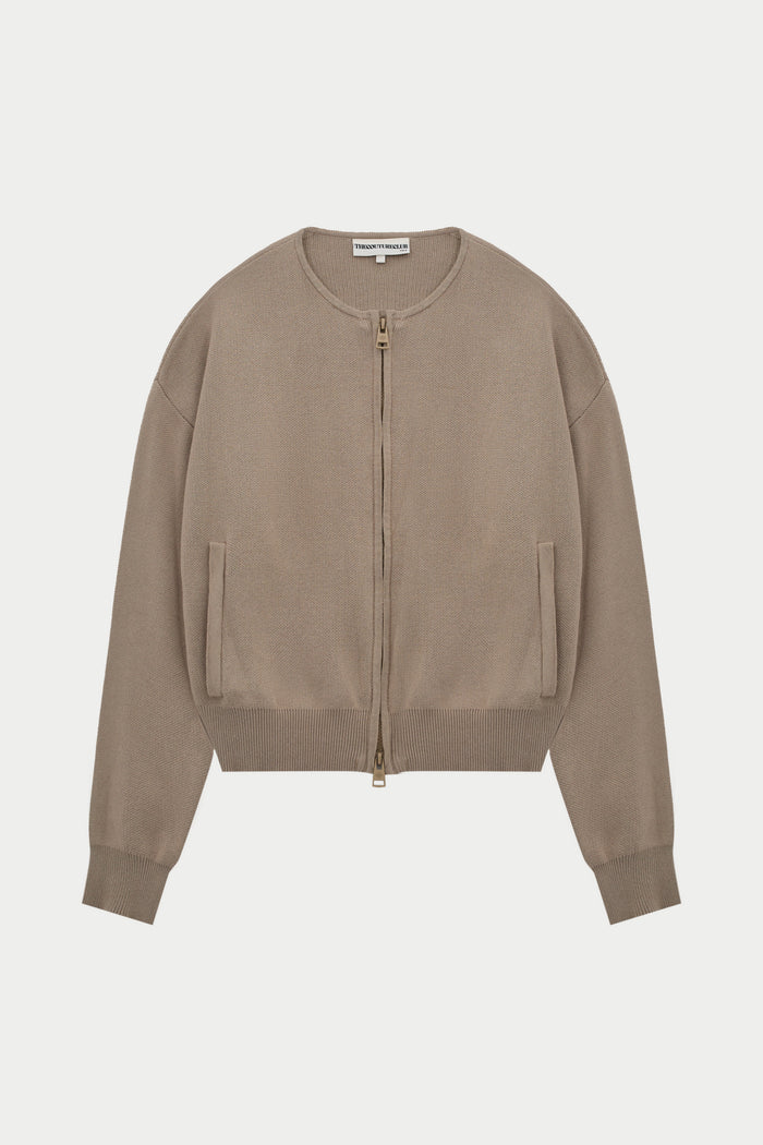 COLLARLESS KNITTED ZIP THROUGH BOMBER - BEIGE